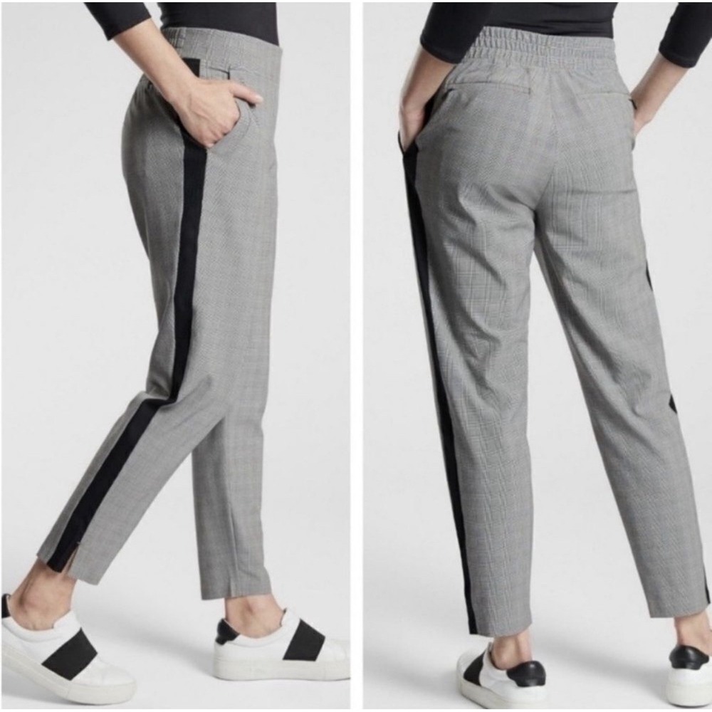 ATHLETA Brooklyn Ankle Pants Black White Plaid Size 10 Women's Pull On Elastic W